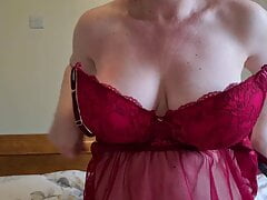 After a nice long blowjob I received a big load of cum in my mouth. Wearing a sexy babydoll nightie and exposing my tits